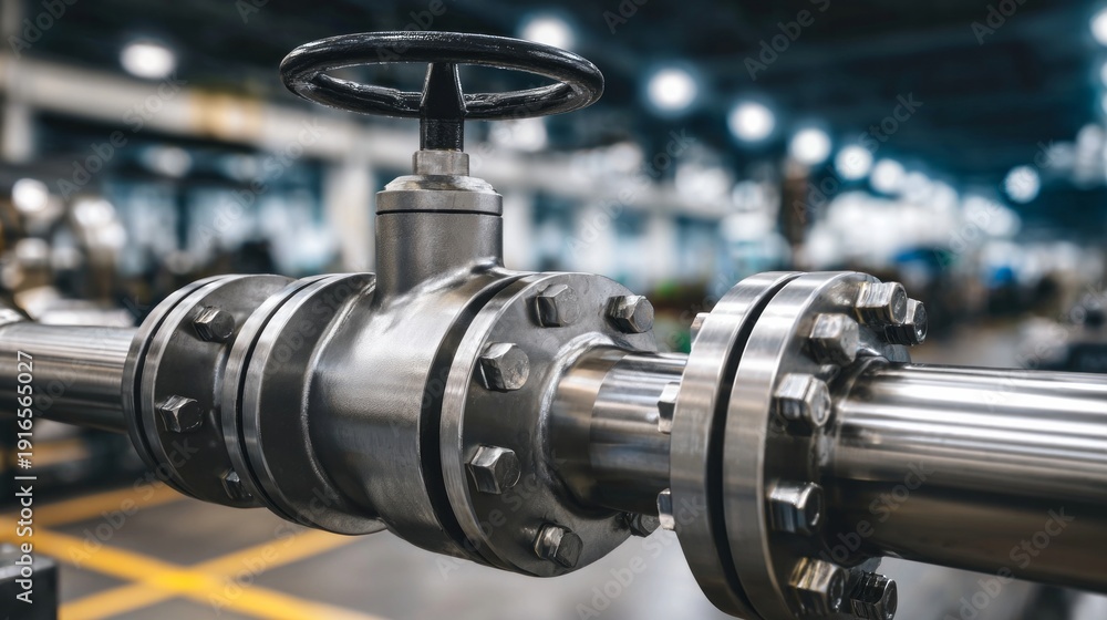 Naklejka premium Valve industrial valve and pipe system managing fluid control. Close up on a metal valve in a factory setting