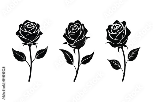 Set of black rose silhouettes with long stems and leaves on white
