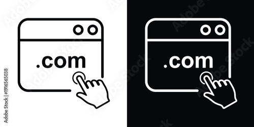 Internet browser interface with .com extension and hand cursor. Vector illustration for web development, hosting, and global domain services.