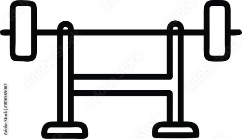 Black line art icon of a weightlifting bench press rack with barbell