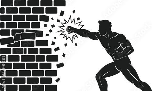 Muscular man punching brick wall silhouette, breaking barrier concept, strength power motivation success challenge illustration isolated on white
