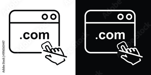 Web browser window showing .com domain with touch gesture. Icon for domain registration, commercial websites, and internet startups.