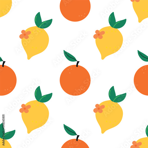 Cute cartoon seamless pattern with lemon and orange citrus fruits. This cheerful, flat vector illustration features a vibrant palette of yellow, orange, green. Summery design