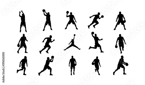 Grid collection of black basketball silhouettes featuring dynamic sports player poses