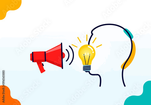 Megaphone broadcasting idea into human head lightbulb concept.
