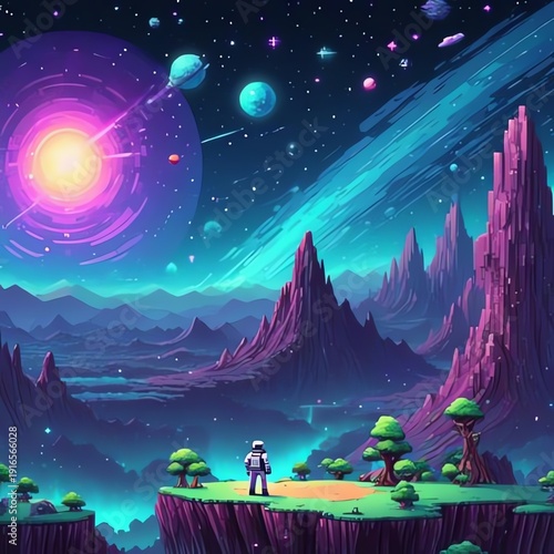 Wallpaper Mural Cosmic landscape with astronaut gazing at nebula and alien mountains. Torontodigital.ca