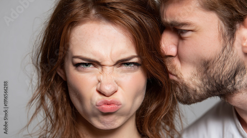 A close-up of an annoyed woman frowning while a man leans in to whisper in her ear, capturing tension, discomfort, or an unwelcome secret