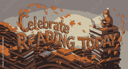 Vector illustration celebrating reading with books and a person reading, surrounded by flying pages.