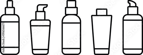 A simple black and white line art illustration depicts five various cosmetic or toiletry product containers high-quality professional detailed modern