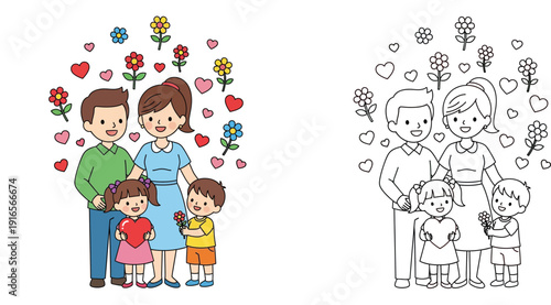 Happy Family with Children, Hearts and Flowers - Love and Togetherness