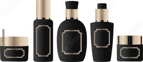 An illustrative arrangement of black and gold cosmetic containers including pump bottles droppers and jars high-quality professional detailed modern elegant