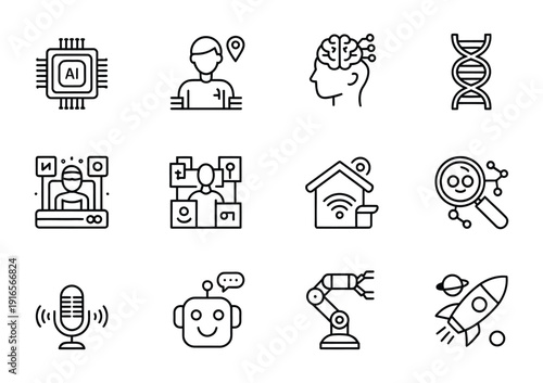 Collection of technology-themed vector icons representing artificial intelligence and innovation