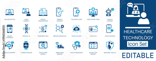 Digital Healthcare and Medical Innovation solid icon set. Includes symbols for Telemedicine, AI Diagnosis, Biotech, and Smart Health. Solid vector icons for clinic app.