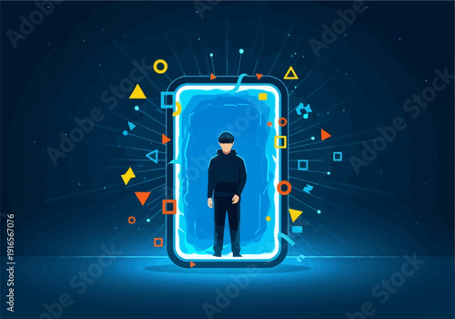 Person standing inside a glowing portal with futuristic elements.