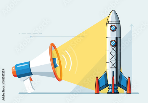 Megaphone Launching Rocket Business Concept Illustration.