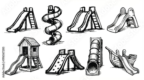 set of various playground slides and climbing frames for kids  outdoor play equipment