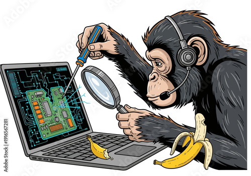 Chimpanzee wearing headset and using laptop with magnifying glass.