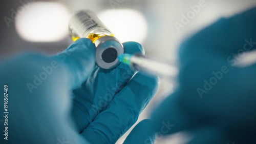 A doctors gloved hands carefully prepare a syringe by piercing a sealed medicine bottle with a needle, exemplifying medical healthcare procedures that prioritize safety and hygiene