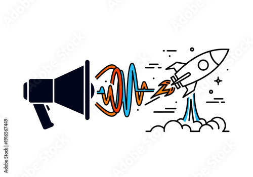 Megaphone Launching Rocket Symbolizing Marketing Launch.