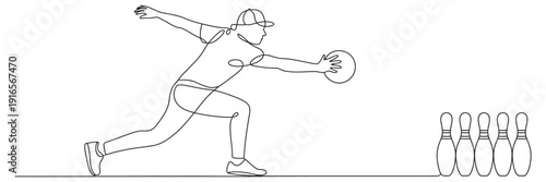 One line bowling player drawing, male athlete in action hitting pins, vector graphic illustration, sport and fitness concept, simple continuous line design