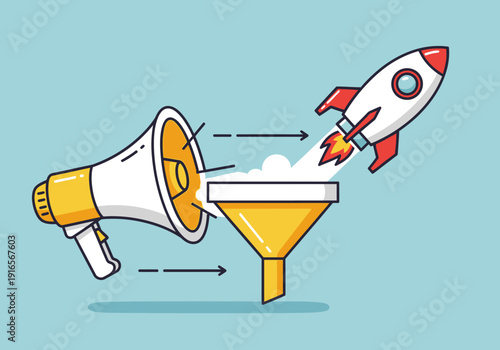 Megaphone launching rocket through funnel concept illustration.