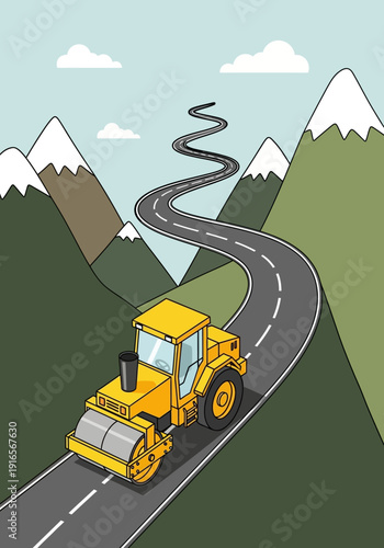 Yellow steamroller compacting a winding mountain road.