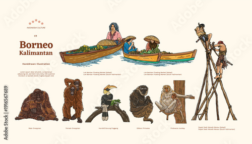 Isolated East Kalimantan Borneo Culture Handdrawn Illustration