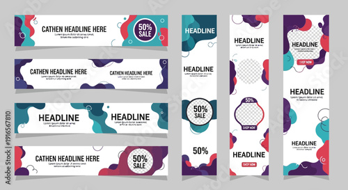 Set of modern abstract banners and vertical advertising templates with colorful fluid shapes and text placeholders
