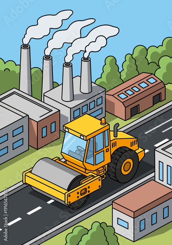 Yellow steamroller compacting asphalt on a road.