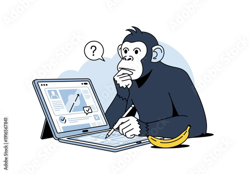 Chimpanzee contemplating technology and design on a laptop.