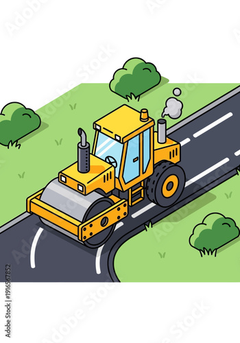 Yellow Steamroller Compacting Asphalt on a Winding Road.