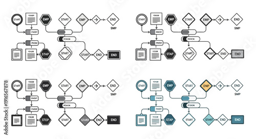 Diagrams illustrating a process flow with multiple variations in color and design, showcasing different stages and decisions