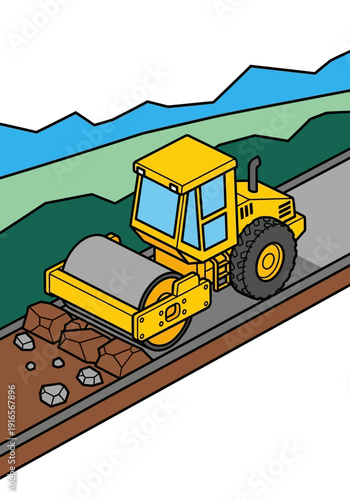 Yellow steamroller compacting road construction site.