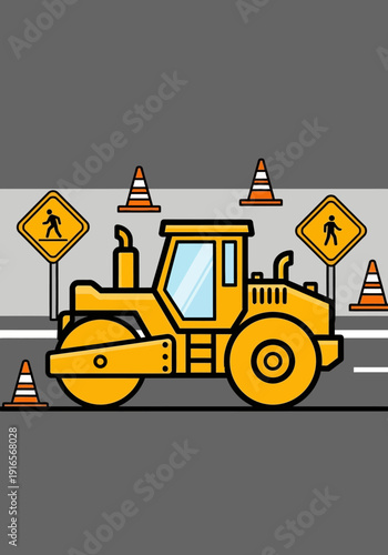 Yellow steamroller machine on construction site with traffic cones.