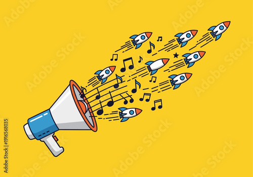 Megaphone Launching Rockets and Music Notes.