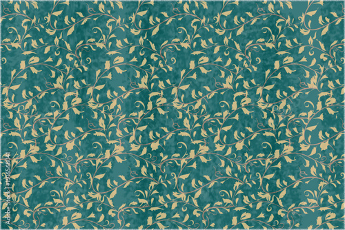 High-quality botanical vine pattern featuring golden-yellow climbing leaves set against a rich emerald green background. The strong yet harmonious color contrast creates a luxurious.