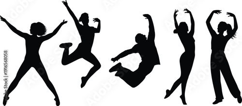 Silhouette dancers in motion, expressive dance poses illustration, black and white artwork, rhythm movement concept, diverse styles of human dance
