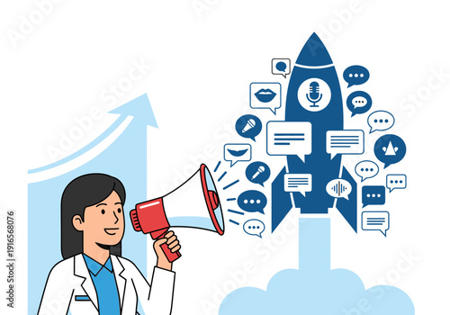 Doctor announces launch with megaphone and rocket.