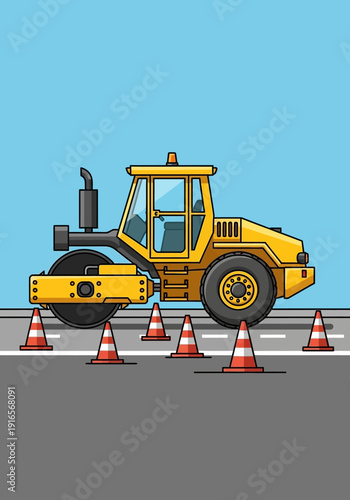 Yellow Steamroller Machine on Road Construction Site.