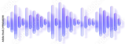 Hologram glass sound wave 3d icon - vertical linear pattern with purple blue neon gradient. Audio frequency, radio pulse, record voice message. Volume music track line motion effect. 3D illustration