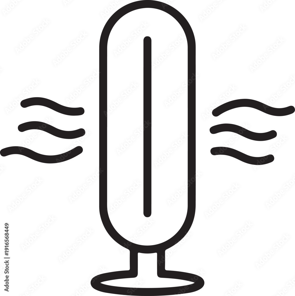 Obraz premium Simple line icon of a modern tower fan with wavy air flow lines on both sides.