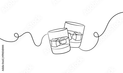 Continuous line whiskey glasses cheers one line art, continuous drawing contour. Hands toasting with brandy glasses with drinks. Cheers toast festive decoration for holidays. Vector illustration