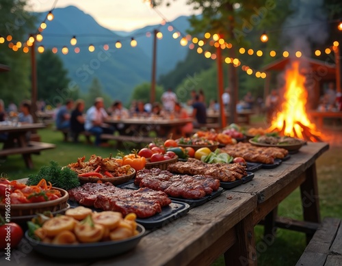 Outdoor BBQ feast with grilled meats, vegetables, and campfire in mountains. People gather at tables under string lights in evening. Rural nature setting creates festive mood for friends and family.