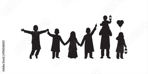 of children holding crescent moon and star flags white eid celebration white with Islamic and festival and joy Silhouette vector on whit Background