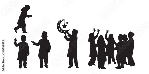 Diverse group of Muslim people in traditional clothing walking with lanterns and prayer beads, celebrating during Ramadan or Eid, black silhouette on white background.