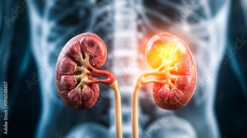 Human kidneys showing inflammation or disease, highlighting renal health and medical diagnosis