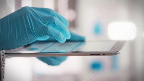 Medical professionals gloved hand adeptly navigates digital tablet among various medical devices in well-lit, hygienic setting, exemplifying fusion technology medicine, high level of operational care