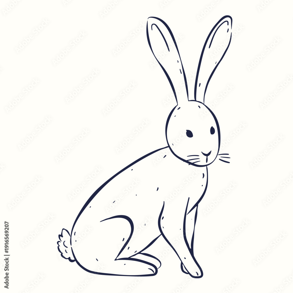 Fototapeta premium Drawing sitting rabbit in minimalist ink sketch style. Flat vector illustration. Ideal for holiday card of Happy Easter, invitation, sticker, childrens print, packaging and spring decor.