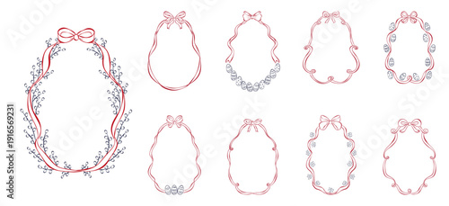 Holiday Easter frames set in delicate hand-drawn ink sketch style with ribbons, bows, willow and eggs. Ideal for greeting card, invitation, poster, label, social media and spring holiday design.