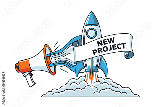 Rocket Launching with Megaphone Announcing New Project.
